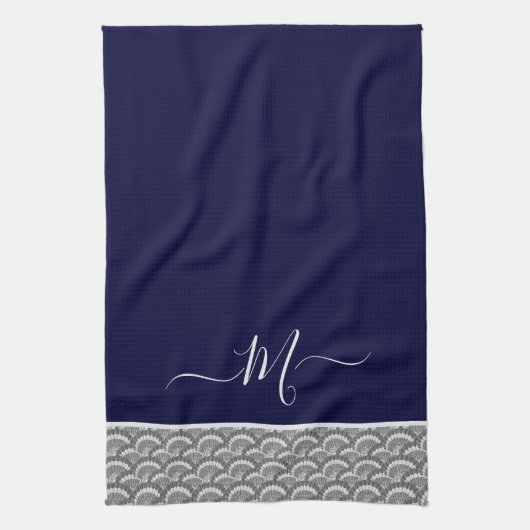 Initial Nautic Navy Blue Gray Seashell Monogram Geschirrtuch (Vertikal)
