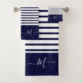 Initial Nautic Navy Blue Striping Monogram Badhandtuch Set (Insitu)