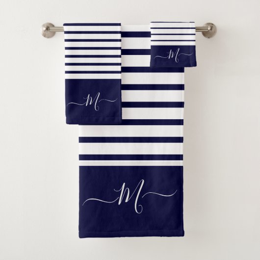 Initial Nautic Navy Blue Striping Monogram Badhandtuch Set (Insitu)