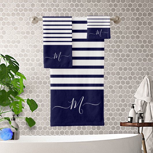 Initial Nautic Navy Blue Striping Monogram Badhandtuch Set