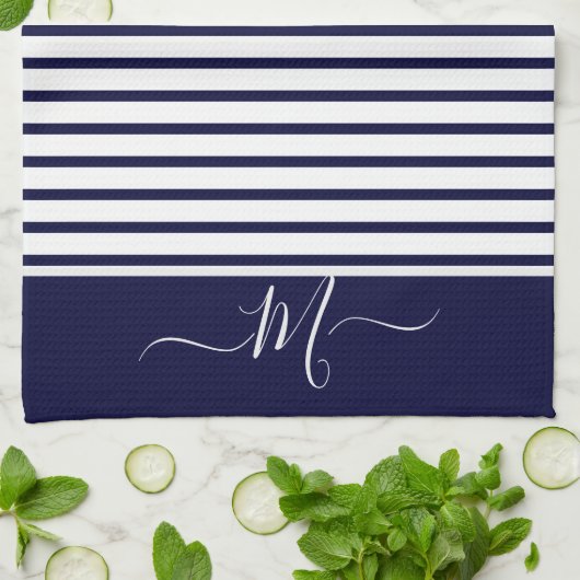 Initial Nautic Navy Blue Striping Monogram Geschirrtuch (Gefaltet)