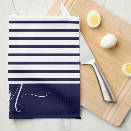 Initial Nautic Navy Blue Striping Monogram Geschirrtuch (Viertel Falte)