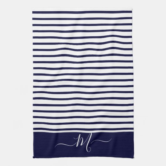 Initial Nautic Navy Blue Striping Monogram Geschirrtuch (Vertikal)