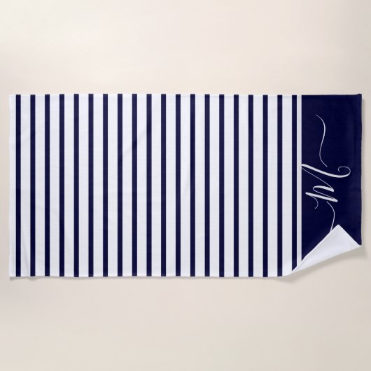 Initial Nautic Navy Blue Striping Monogram Strandtuch (Vorderseite)