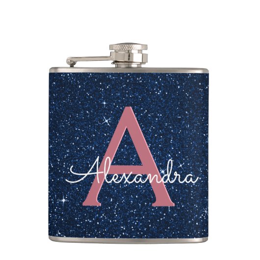 Initial "Navy Blue & Rose Gold Sparkle Monogram" Flachmann (Vorderseite)