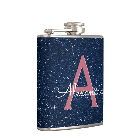 Initial "Navy Blue & Rose Gold Sparkle Monogram" Flachmann (Rechts)