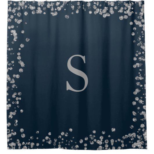 Initial Navy Blue Silver Glitzer Frame Monogram Duschvorhang (Vorderseite)