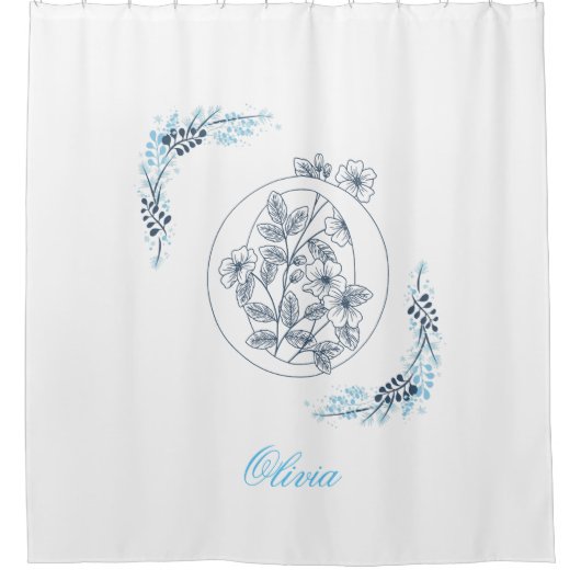 Initial "O" Blue Monogram Calm Floral Duschvorhang (Vorderseite)