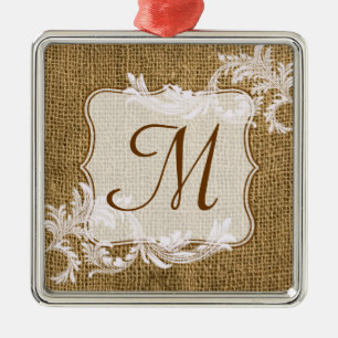 Initial-Ornament des Burlap Country Lace Monogram Silbernes Ornament