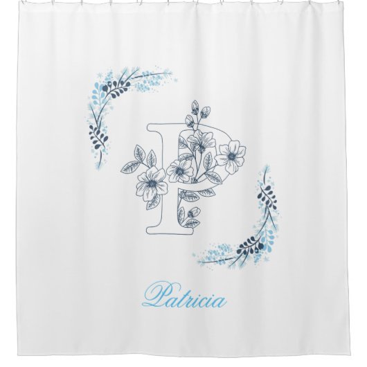 Initial "P" Blue Monogram Calm Floral Duschvorhang (Vorderseite)