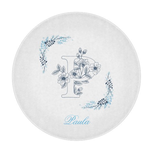 Initial "P" Blue Monogram Calm Floral Schneidebrett (Vorderseite)