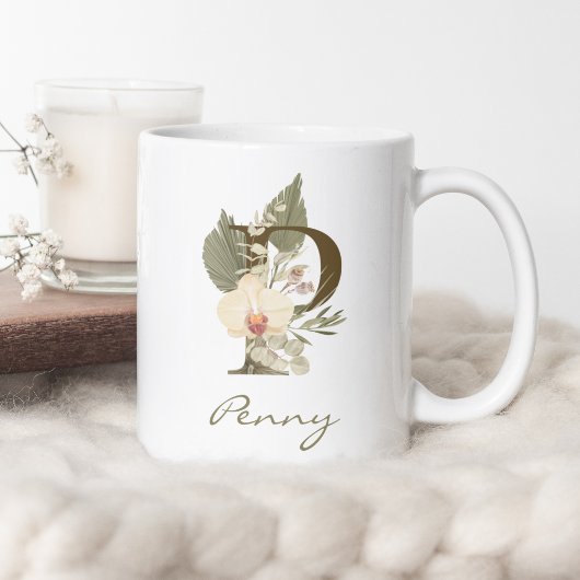 Initial P Boho Floral Orchid Greenery Individuelle Kaffeetasse