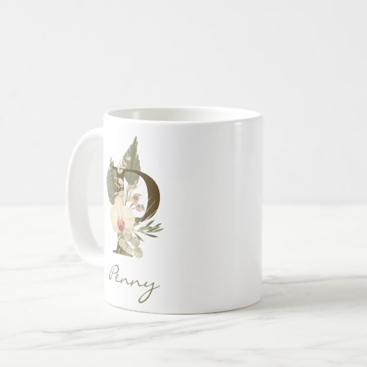 Initial P Boho Floral Orchid Greenery Individuelle Kaffeetasse (Vorderseite Links)