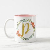 Initial P. Botanische Blume Wreath Gold Monogramm Zweifarbige Tasse (Links)