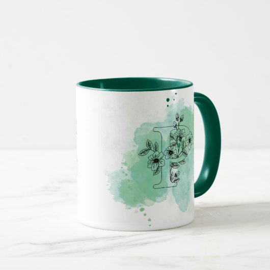 Initial P Wasserfarbmonogramm Grün Botanisch Tasse (VorderseiteRechts)