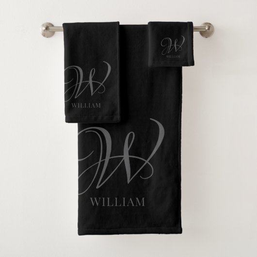 Initial Personalisiert Elegant Black Gray Monogram Badhandtuch Set (Insitu)