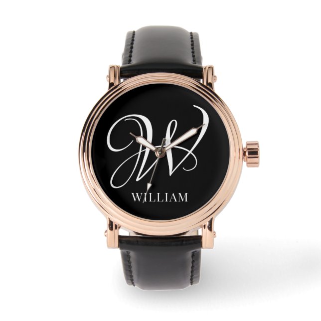 Initial Personalisiert Elegant Black Monogram Armbanduhr (Vorderseite)