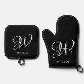 Initial Personalisiert Elegant Black Monogram Ofenhandschuh & Topflappen-Set (Vorderseite)