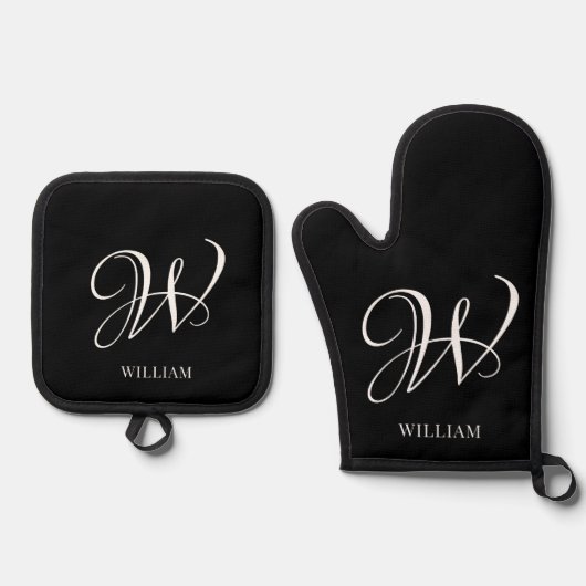 Initial Personalisiert Elegant Black Monogram Ofenhandschuh & Topflappen-Set (Vorderseite)