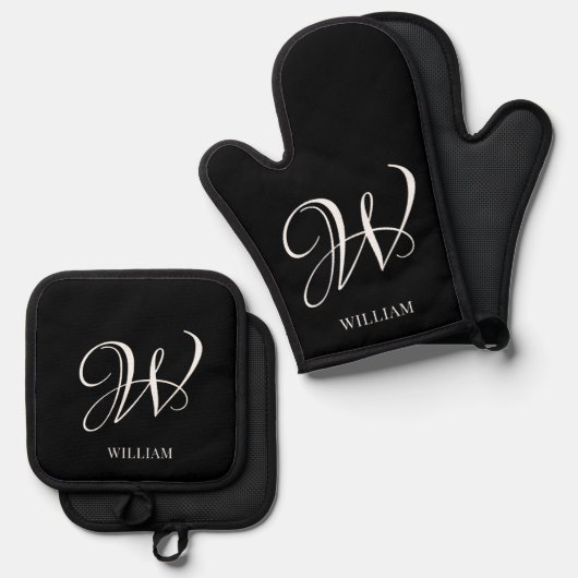 Initial Personalisiert Elegant Black Monogram Ofenhandschuh & Topflappen-Set (Vorderseite/Rückseite)