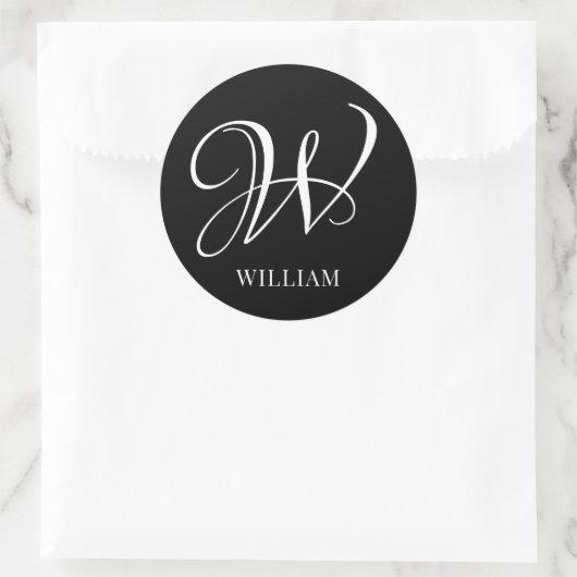 Initial Personalisiert Elegant Black Monogram Runder Aufkleber (Tasche)