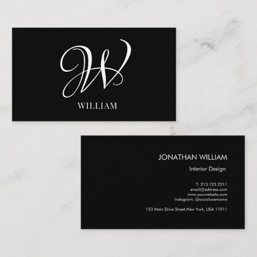 Initial Personalisiert Elegant Black Monogram Visitenkarte (Vorne/Hinten)