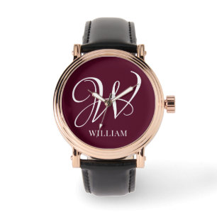 Initial Personalisiert Elegant Burgundy Monogram Armbanduhr