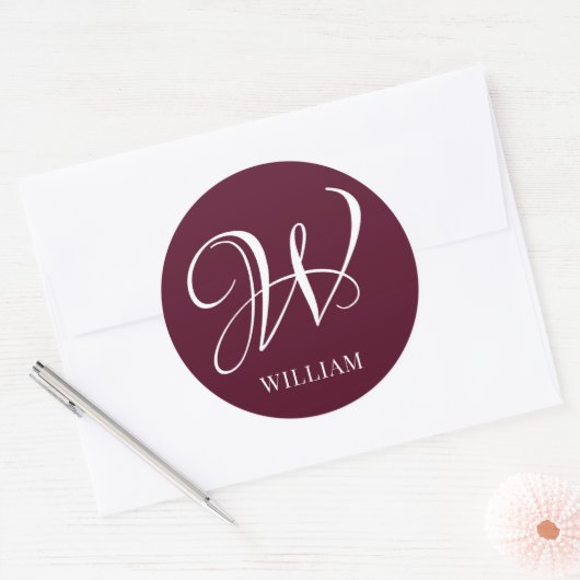 Initial Personalisiert Elegant Burgundy Monogram Runder Aufkleber (Umschlag)