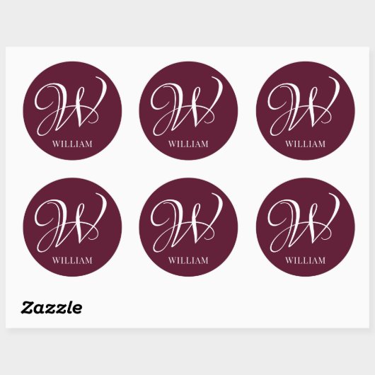 Initial Personalisiert Elegant Burgundy Monogram Runder Aufkleber (Blatt)