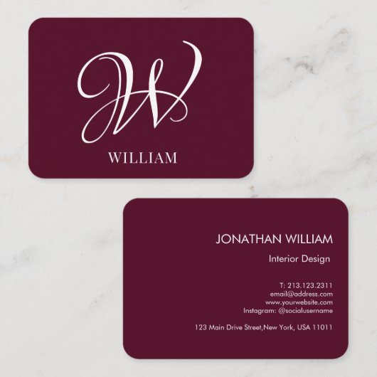 Initial Personalisiert Elegant Burgundy Monogram Visitenkarte (Vorne/Hinten)