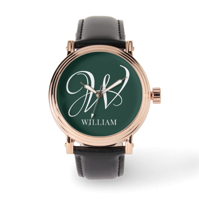 Initial Personalisiert Elegant Emerald Monogram Armbanduhr (Vorderseite)