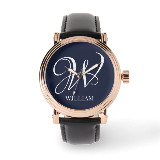 Initial Personalisiert Elegant Navy Blue Monogram Armbanduhr (Vorderseite)