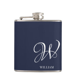 Initial Personalisiert Elegant Navy Blue Monogram Flachmann