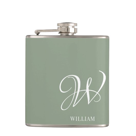 Initial Personalisierte Elegant Sage Green Monogra Flachmann (Vorderseite)