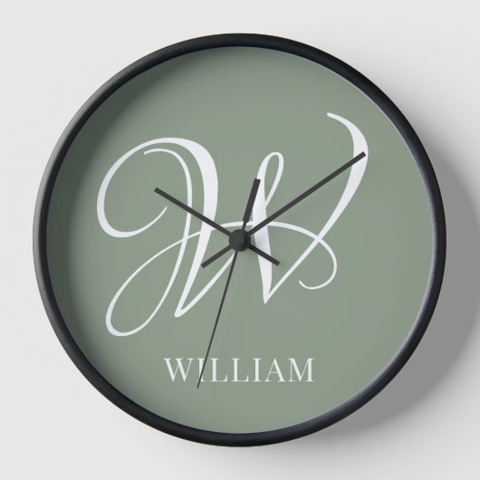 Initial Personalisierte Elegant Sage Green Monogra Uhr (Vorderseite)