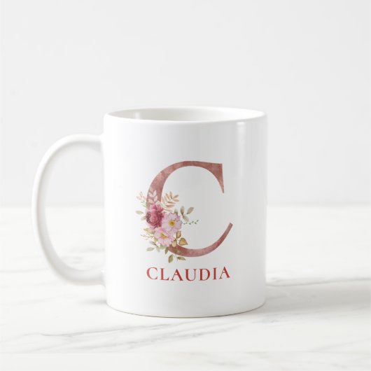 Initial Personalisierter Name Floral Elegant Monog Kaffeetasse (Links)
