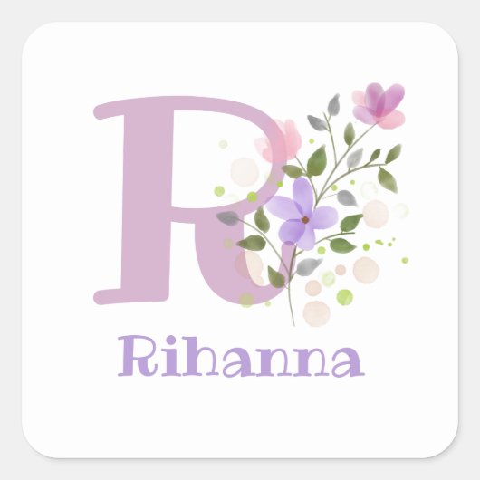 Initial Plus Name & Blume Design Square Sticker (Vorderseite)