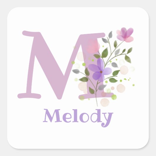 Initial Plus Name & Blume Design Square Sticker (Vorderseite)
