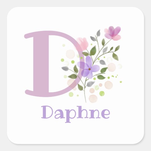 Initial Plus Name Daphne & Blume Design Quadratischer Aufkleber (Vorderseite)
