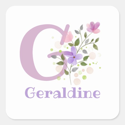 Initial Plus Name Geraldine & Blume Design Quadratischer Aufkleber (Vorderseite)