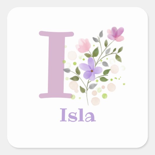 Initial Plus Name Isla & Blume Design Quadratischer Aufkleber (Vorderseite)