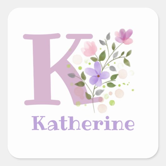 Initial Plus Name Katherine & Blume Design Quadratischer Aufkleber (Vorderseite)
