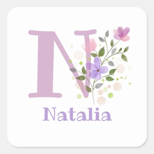 Initial Plus Name Natalia & Blume Design Quadratischer Aufkleber (Vorderseite)