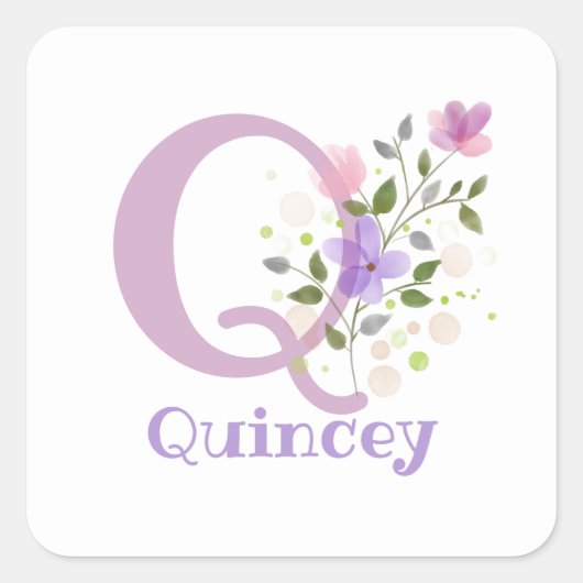 Initial Plus Name Quincey & Blume Design Quadratischer Aufkleber (Vorderseite)