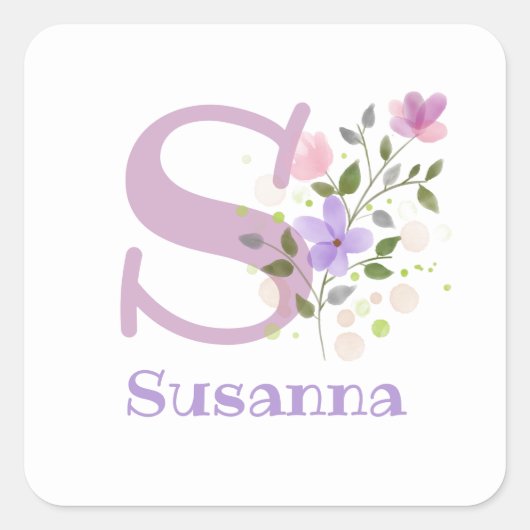 Initial Plus Name Susanna & Blume Design Quadratischer Aufkleber (Vorderseite)