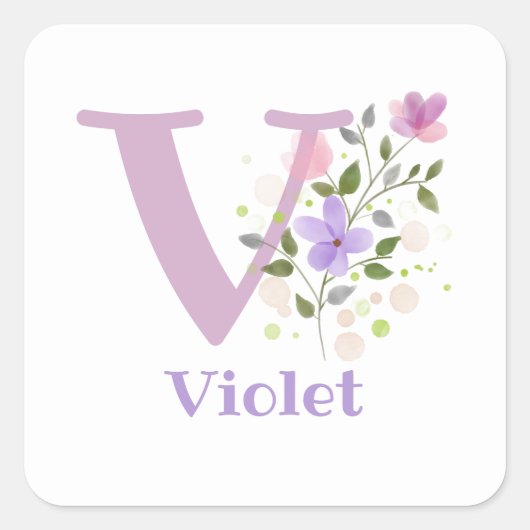 Initial Plus Name Violet & Blume Design Quadratischer Aufkleber (Vorderseite)