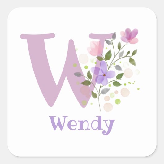 Initial Plus Name Wendy Floral Design Quadratischer Aufkleber (Vorderseite)