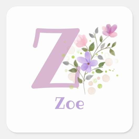 Initial Plus Name Zoe & Blume Design Quadratischer Aufkleber (Vorderseite)