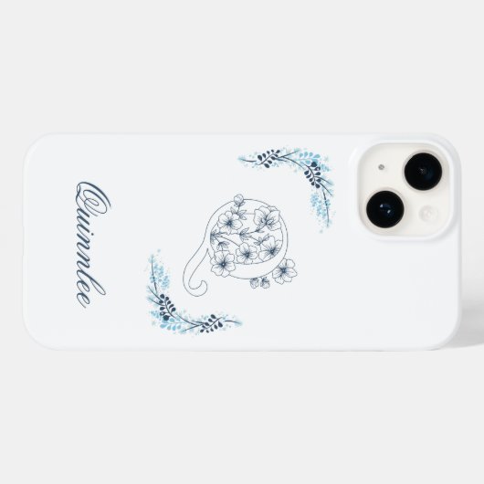 Initial "Q" Blue Monogram Calm Floral Case-Mate iPhone Hülle (Rückseite (Horizontal))