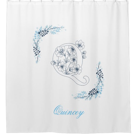 Initial "Q" Blue Monogram Calm Floral Duschvorhang (Vorderseite)